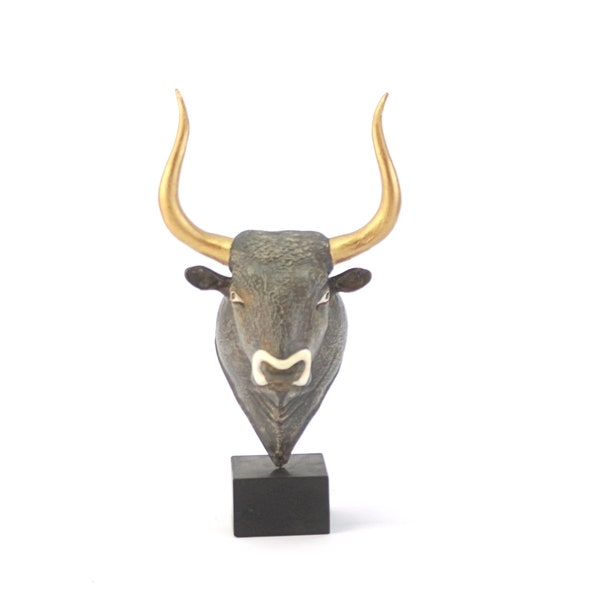 Greek resin casting of Minoan Bull head Rhyton type with verdigris effect , Museum quality art Greek sculpture
