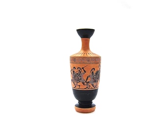 Vase grec, grenier à figures noires, Lécythe de hoplites guerriers grecs combattant, copie du musée Kerameikon d'Athènes, vase en terre cuite