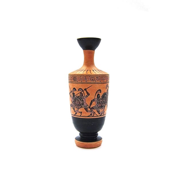 Vase grec, grenier à figures noires, Lécythe de hoplites guerriers grecs combattant, copie du musée Kerameikon d'Athènes, vase en terre cuite