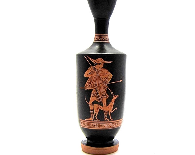 Greek Vase , Red Figure Attic Lekythos With Kephalos Huntsman and Dog