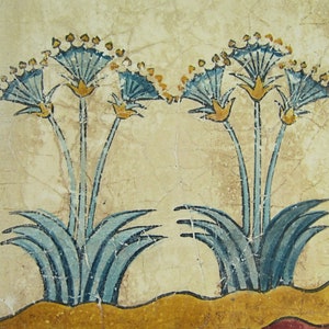May include: A vintage painting of two blue papyrus plants with yellow flowers on a cream background.