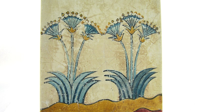 May include: A vintage painting of two blue papyrus plants with yellow flowers on a cream background.