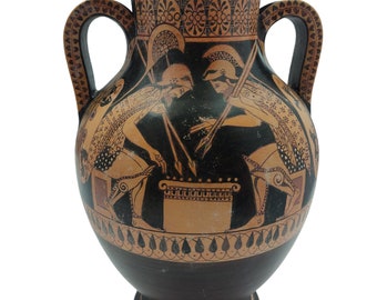 May include: A black and orange Greek amphora with two handles. The amphora is decorated with a black-figure painting of two warriors in combat.