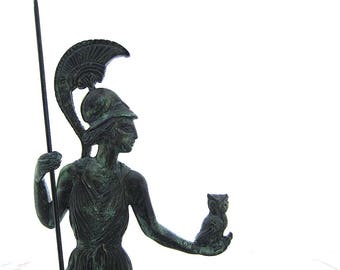 Athena statue holding sacred owl , Godess statue , Bronze Sculpture height 13 inches