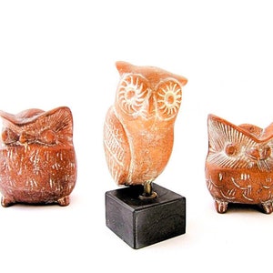 Set of Three Ancient Greek Decorative Owls, terracotta owls , brown owl design image 1
