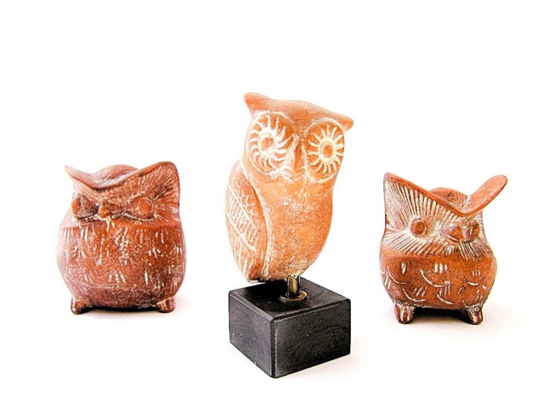 Set of Three Ancient Greek Decorative Owls, terracotta owls , brown owl design image 1