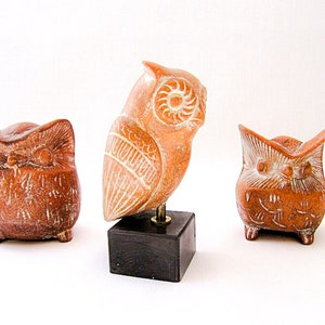 Set of Three Ancient Greek Decorative Owls, terracotta owls , brown owl design image 5