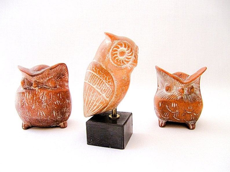 Set of Three Ancient Greek Decorative Owls, terracotta owls , brown owl design image 5