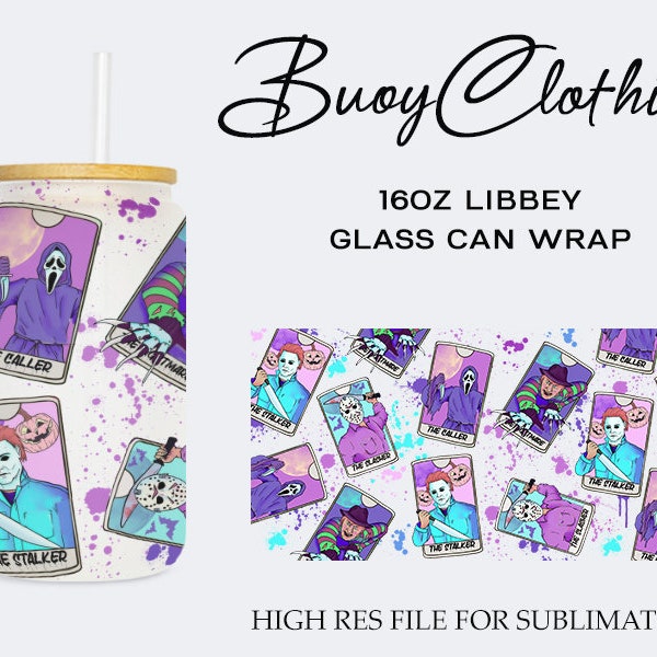 Horror Movie Characters Friends Glass Wrap PNG, 16oz Libbey Glass Can Wrap, Scary Faces, Horror movie Villains Libbey Tumbler Wrap Template