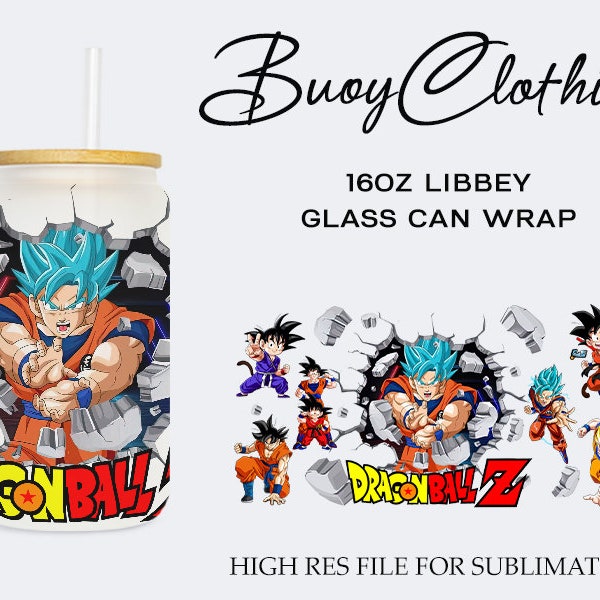 Involucro del bicchiere con personaggi dei film dei cartoni animati, lattina di vetro della Libbey da 16 once, design del bicchiere dei fumetti, sublimazione del bicchiere dei cartoni animati degli anni '90, avvolgimento della lattina in vetro DBZ