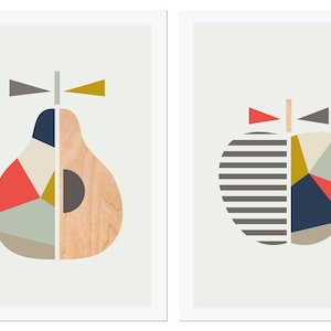 Apple Pear prints,Navy & Coral,Series of two.Scandinavian,Geometric Art,Pear print,Apple print,Modern nursery art, Apple art, Apple nursery.
