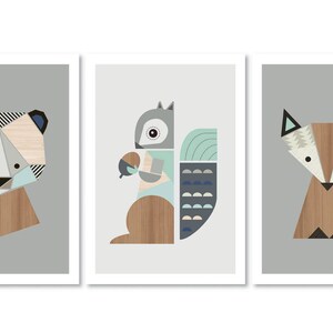 Fox,Bear and Squirrel Nursery Prints, Series of three. Nursery art, Nursery prints, nursery decor, Woodland Nursery, kidsroom art, Kids art.