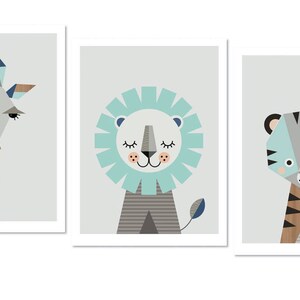 Giraffe, Lion and Tiger Prints, A3 or 11x14"size,Aqua and Navy. Nursery prints, safari nursery, kids art, nursery wall art, kidsroom art.