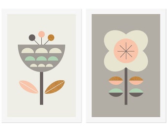 Scandinavian Flowers (Grey,Pink and Mint),Series of Two. Kids room art,Scandinavian,Girls room art,Modern kids art,Nursery art,Nursery decor