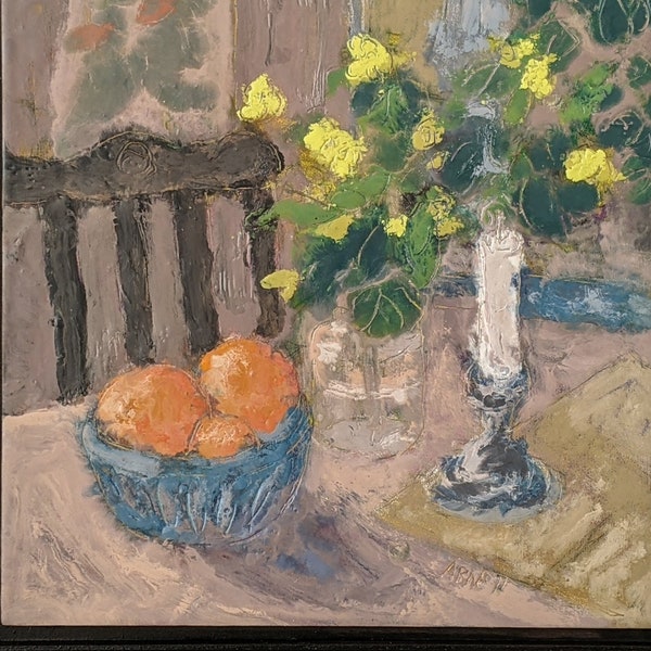 Still Life with Bouquet,Encaustic,Encaustic Painting,Flowers,Peaches,Candle Stick,Framed,Wax Painting,Contemporary Impressionism,2020-0181