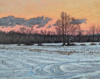 Winter Landscape,Oil on Panel,Tonalism,Contemporary Impressionism,Landscape,Tonalist,Winter Scene,Sunset,Dusk,Gregory Arnett,2021-0109