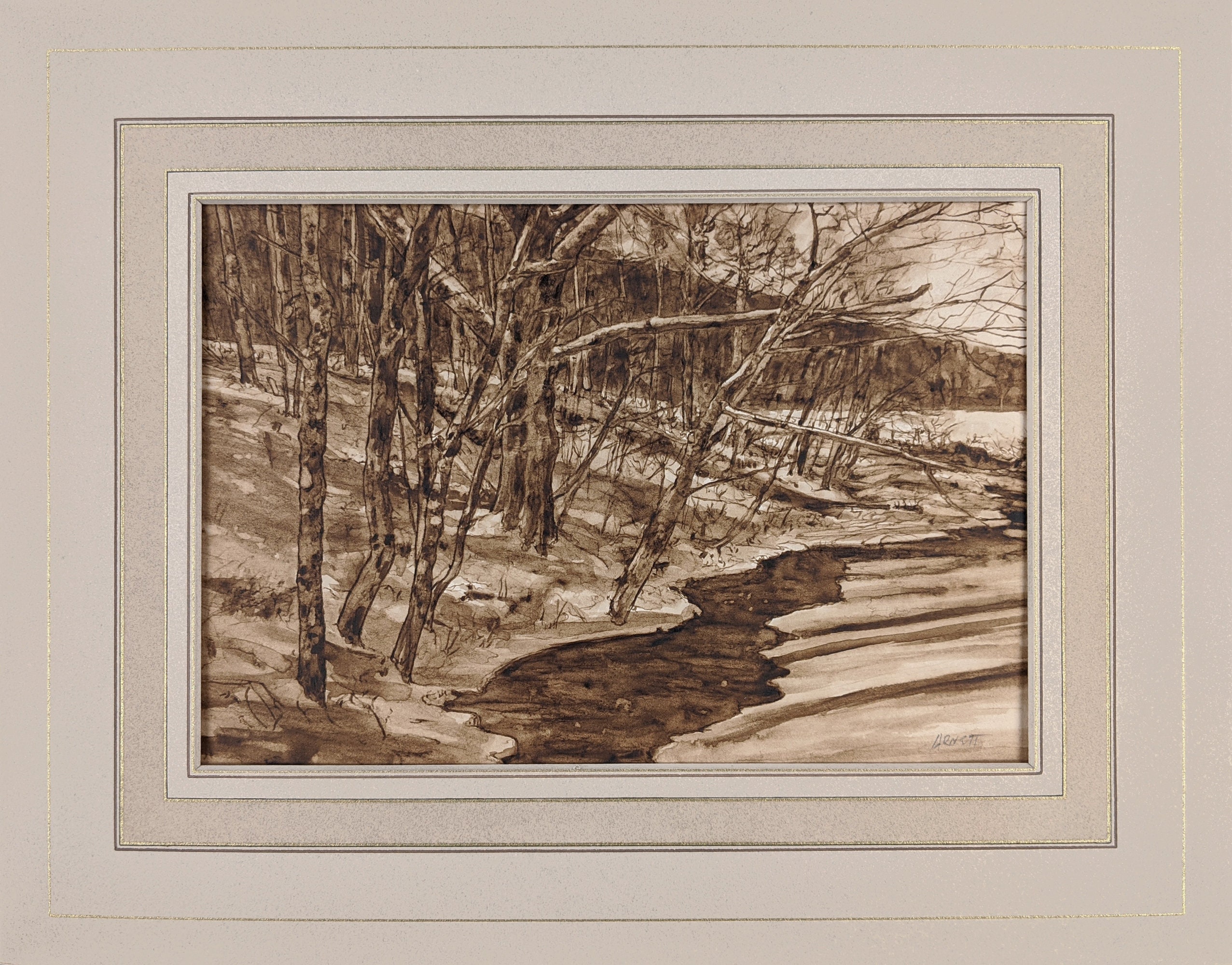 Black Walnut Ink,Ink Painting,Landscape Painting,Ink on Paper,Natural Ink,French Mat,Hudson Valley Landscape,Winter Scene,2020-0125