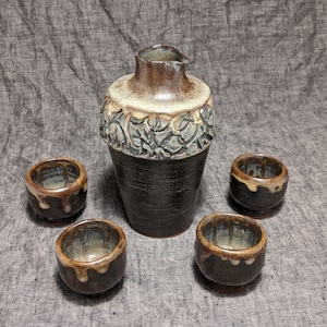 Stoneware Sake Set,Ceramic Sake Set, Sake Cups,Sake,Bas Relief Design,Rustic Tableware,Nature Inspired,Wabi Sabi,Gregory Arnett,2019-0299