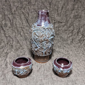 Stoneware Sake Set,Ceramic Sake Set, Sake Cups,Bas Relief Design,OOAK,Rustic Decor,Nature Inspired,Wabi Sabi,Journeys (2019-0219)