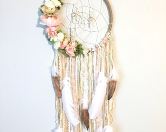 Atrapasueños floral bohemio, colgante de pared para habitación de bebé, color crema y dorado