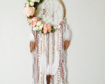 Floral Dreamcatcher, Boho Nursery Wall Hanging, Pink Peach Flowers