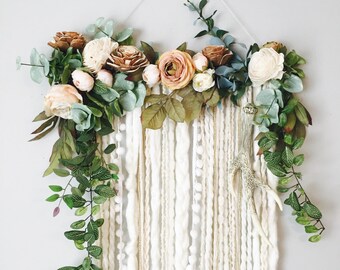 Floral Fiber Art Wall Hanging, Neutral Blooms, Faux Antler Decor