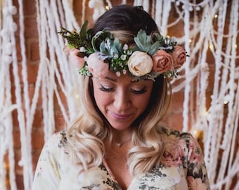 Boho Floral Crown, Peony Flower Headpiece, Festival Wedding Hair