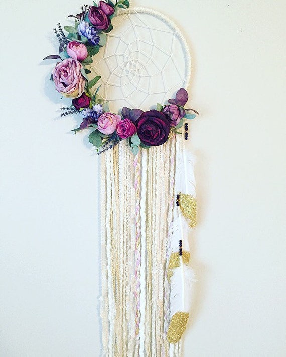 Floral Dreamcatcher, Boho Wall Hanging, Purple Flower Decor