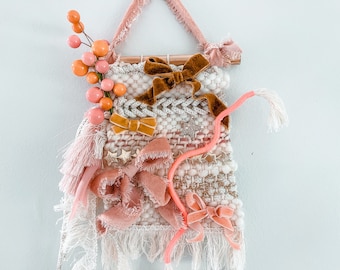 Bow Wall Art, Boho Fiber Weaving with Tassels and Berries