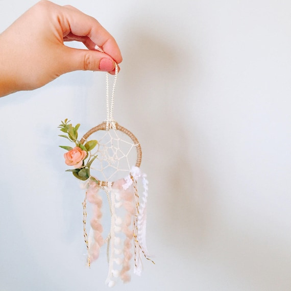 Mini Dreamcatcher Ornament, Boho Nursery Decor, Pink Flower