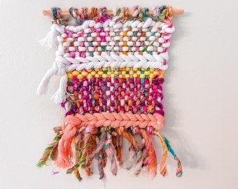 Boho Fiber Art Wall Hanging, Colorful Neon Weaving, Retro Decor