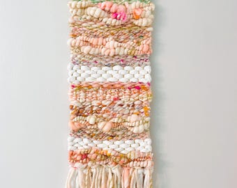 Boho Art Yarn Woven Wall Hanging, Peach Coral Decor