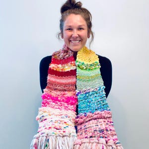 Rainbow Scarf, Handwoven Scarf, Colorful Scarf, Modern Boho Scarf, Art Yarn Scarf, One of a Kind Scarf, Wearable Art, Handmade Accessory