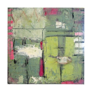 Mixed Media and Acrylic Abstract Painting 10 x 10 green with pink accents