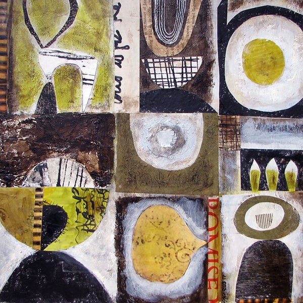 mid century shapes abstract collage mixed media grid on 12 x 12" wood panel distressed greens yellows browns