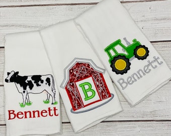 Farmer baby embroidered burp cloths, set of 3, Embroidered tractor burp cloth, monogram farm baby gift set