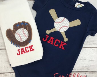 Baseball Baby Gift Set - Baby Baseball Embroidered Gift Set - Baseball Theme Baby Onesie and burp cloth