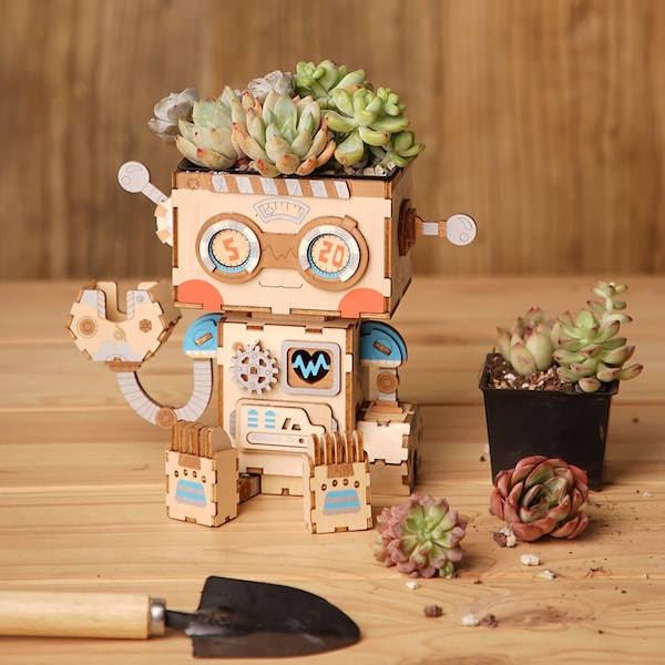 3D Wooden Puzzle DIY Kit Succulent Mini Pot Robot Bunny Puppy Kitty Koala Gift Home Decor Craft Project Toy Pre-cut Model Robotime