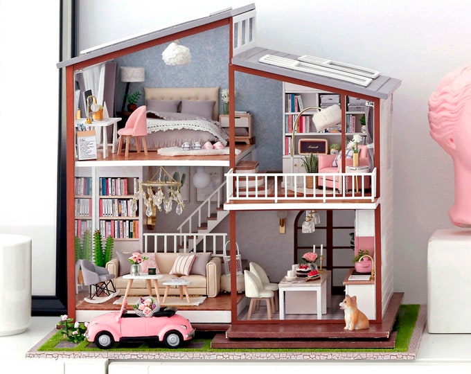 Featured listing image: 1: 24 DIY Miniature Dollhouse Kit Slow Time Two Storey House Cute Room with Light and Music Box Craft in a Box Gift Home Decor Craft Project