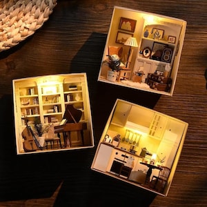 1:32 Papierhandwerk DIY Miniatur Puppenhaus Kit Cello Flügel Küchensessel Bücherregal Pflanze Katze mit Licht Handwerk Handgemacht Geschenk Home Decor