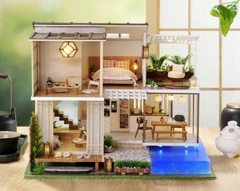 1:32 Miniature Dollhouse DIY Kit Elegant and Quiet w/ LED Light and Music Box Zen Oriental Getaway House Room Craft Project Gift Home Decor