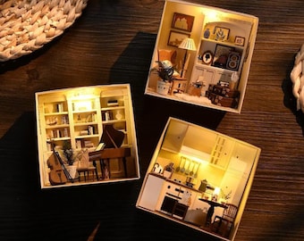 1:32 Paper Craft DIY Miniature Dollhouse Kit Cello Grand Piano Kitchen Armchair Bookshelf Plant Cat w/ Light Craft Handmade Gift Home Decor