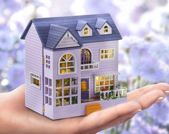 SUPER TINY DIY Miniature Dollhouse Kit Mini House Mansion Villa Town Sweet Home w/ Light Blue Purple Cute Craft Model Making Gift Home Decor
