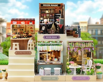 1:32 DIY Miniature Dollhouse Kit Moon Magic Shop Dessert Shop Grape Garden Sushi Shop w/ Light Craft Handmade Gift Model Making Home Decor