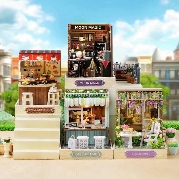 1:32 DIY Miniature Dollhouse Kit Moon Magic Shop Dessert Shop Grape Garden Sushi Shop w/ Light Craft Handmade Gift Model Making Home Decor