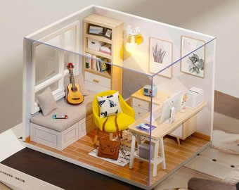 1:32 DIY Miniature Dollhouse Kit Scenery Sunshine Study Room Craft in a Box Room with Light Adult Craft Model Making Gift Decor