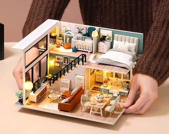 1:32 DIY Miniature Dollhouse Kit Sweet Home Nursery Crib Teal Dining Living Loft w/ Light Music Box Handmade Gift Home Decor Diorama Craft