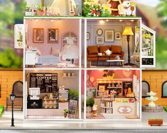 1:24 DIY Miniature Dollhouse Kit Coffee Ice Cream Shop Princess Dress Egg Chair Patio Picnic w/ Light Craft Handmade Gift Decor Model Making