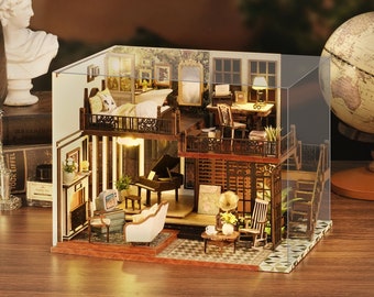 1:24 DIY Miniature Dollhouse Kit Jazz Age 20's Vintage Scenery w/ Light Music Box Piano Phonograph Craft Handmade Gift Decor Model Making