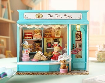 1:24 DIY Miniature Dollhouse Kit Teal The Bear Story w/ Light Music Box Craft Handmade Gift Home Decor Model Making Fairy Tale Turquoise